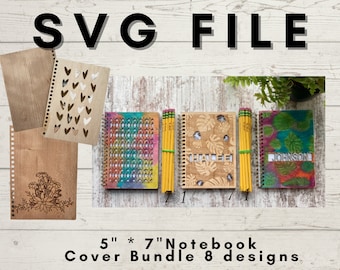 May include: A digital SVG file bundle featuring 8 designs for 5 inch by 7 inch notebook covers. The image displays wooden notebook covers with laser-cut patterns including hearts, flowers, and monstera leaves, some personalized with names like HALEE and JOHNSON.