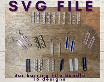 May include: A collection of rectangular bar earrings and acrylic blanks featuring 16 distinct patterns including chevrons, stars, hearts, and solid colors. The set includes clear, black, blue, and pink acrylic pieces with metal earring hooks.