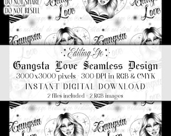 Gangsta Love Seamless Pattern Chicana Style Design Digital Download Y2K Graphic Art Fabric, Sublimation