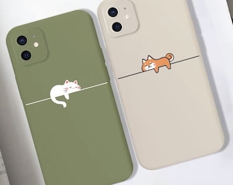 Funda de silicona personalizada con diseño de pareja de gato y perro kawaii, para iPhone 17, iPhone 12, 13, 14 y iPhone 15, 16, 17 Pro Max.