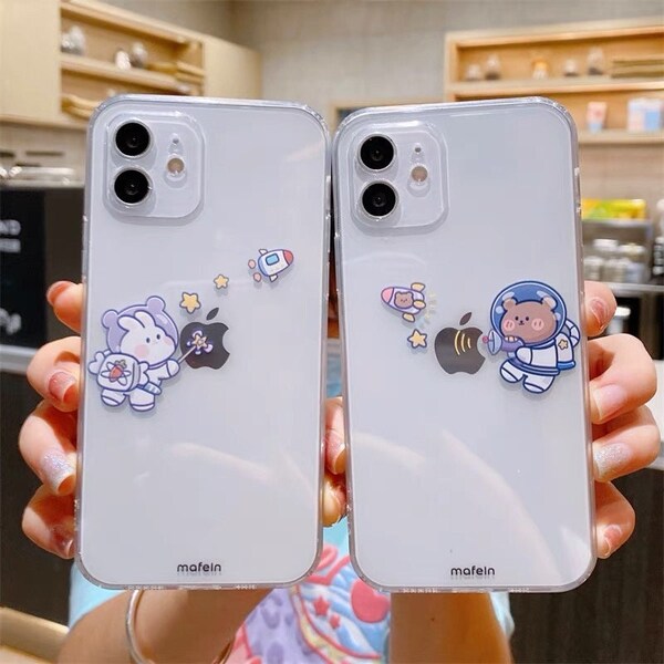 IPhone 14 case,Space rabbit kawaii  space bear silicone couple phone case,iPhone 13 12 Pro iPhone 11 Case,iPhone X XS XR Case