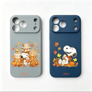 Etui na telefon Snoopy – spersonalizowane imię, jesienny liść i dyniowy kosz na iPhone'a 17 16 15 14 13 Pro Max, uroczy prezent dla miłośnika psów 77-5