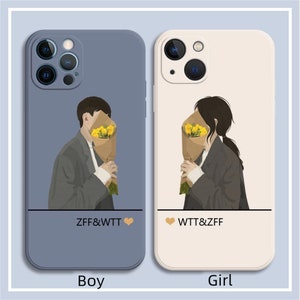 May include: Two phone cases with a couple holding bouquets of yellow flowers. The case on the left is blue with the text "ZFF&WTT" and the case on the right is cream with the text "WTT&ZFF".