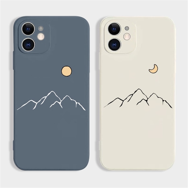 Moon sun mountain personalization silicone couple phone case,iphone 14 case,iPhone 7 8 Plus iPhone 11 12 13 Pro Mini iPhone XS XR SE case