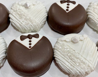 12 sets (24 Oreos total) Chocolate Dipped Bride and Groom Oreos, perfect for wedding favors, rehearsal dinner, shower