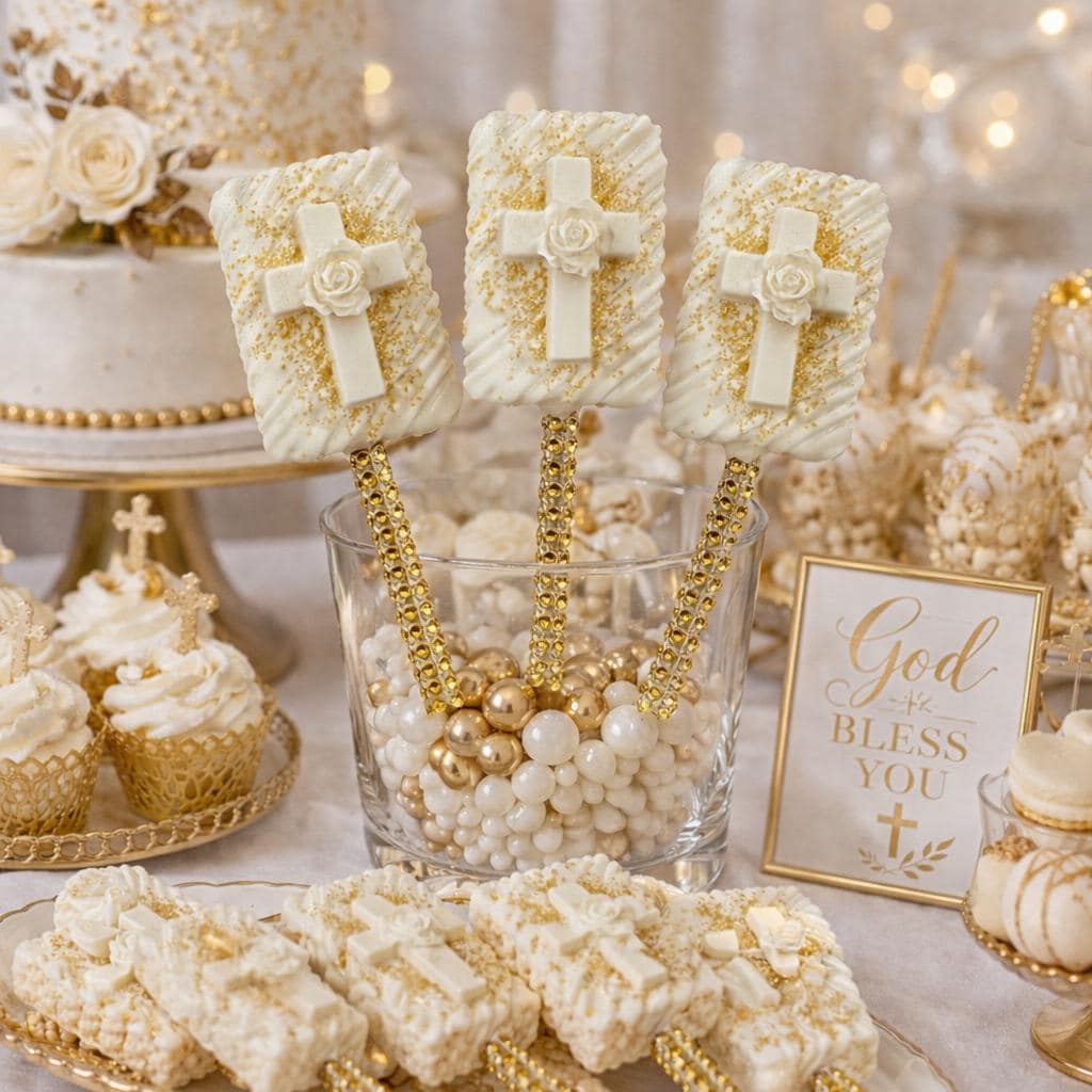 12 Chocolate Dipped Rice Krispies Treat Pops, Floral Cross, Gold Accents (Baptism, Baby Shower)