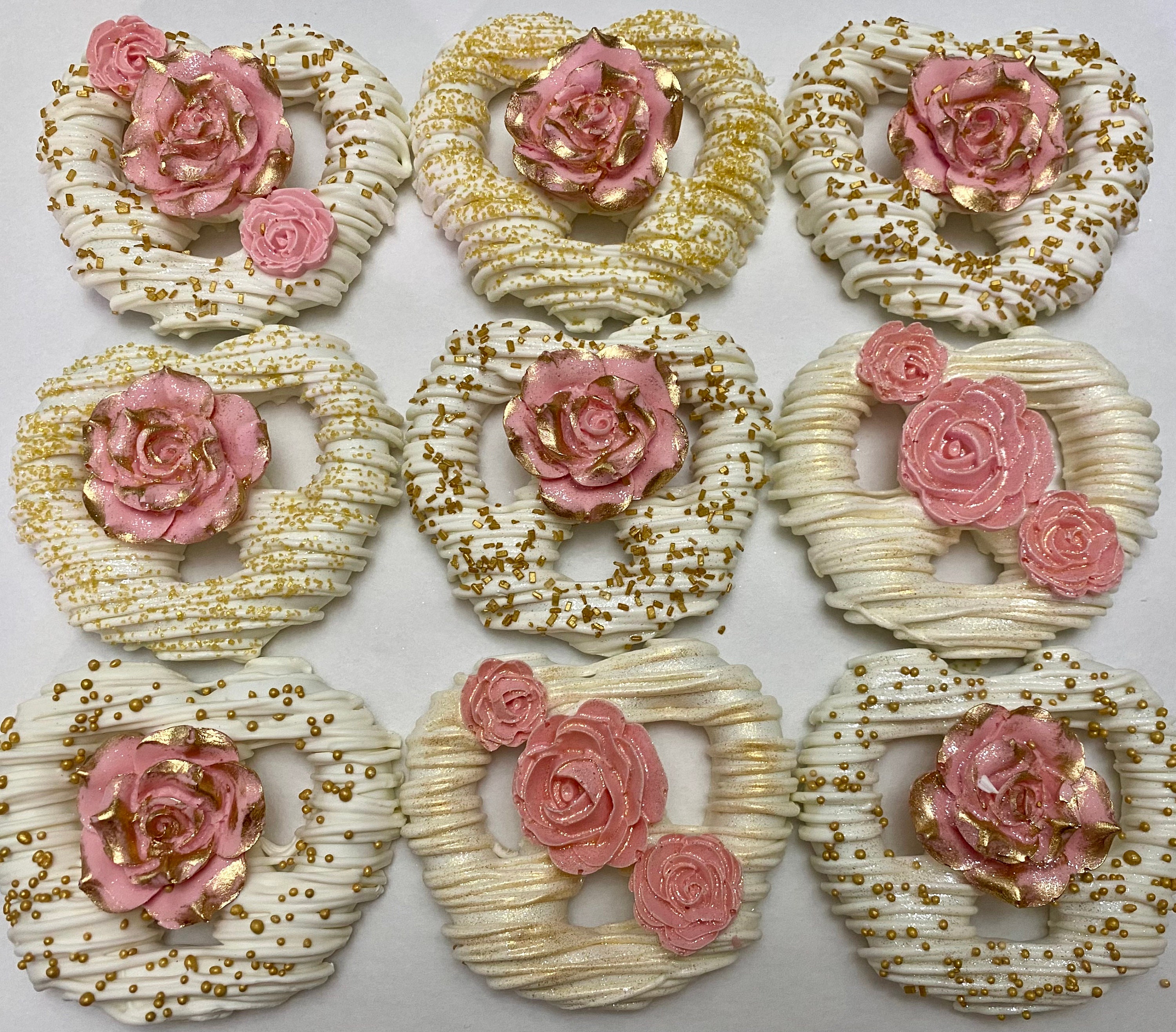 15 Pink Floral Rose pretzels with Gold Accents dipped in Premium…