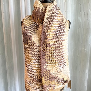 Hand Knitted Long Winter Scarf, Super Bulky Brown/White Yarn, Soft Touch, Machine Washable, Handmade Unique Fashion Accessory.