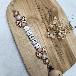 personalized pacifier clip 100% silicone KNOT - taupe and bronze - personalized gift for baby - children&#39;s pacifier clip creations