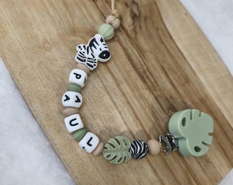 Clip para chupete de silicona personalizado con diseño de cebra - Marrón claro, verde lino y beige - Regalo personalizado para bebé - Clip para chupete de cebra Savannah