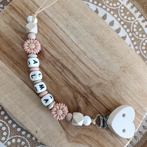 personalized silicone pacifier clip HEART FLOWERS - Peach pink beige wood - personalized gift for baby - French creations first name
