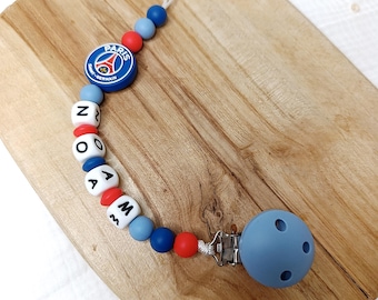 Personalized silicone pacifier clip PSG FOOT - silicone pacifier clip Paris Saint Germain - silicone pacifier holder PSG first name - gift