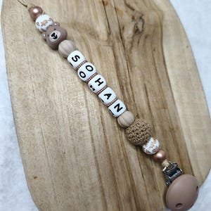 Personalized silicone pacifier clip BEAR - Light brown and bronze - Personalized baby gift - Pacifier clip with first name
