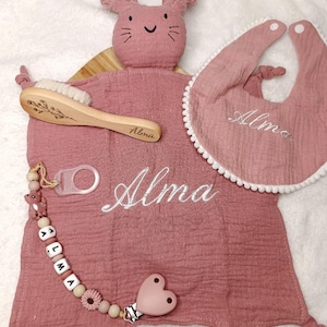 Gift box / birth: embroidered comforter with first name, engraved brush, embroidered bib and silicone pacifier clip - old pink - baby gift
