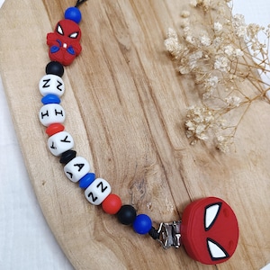パーソナライズされたシリコン製おしゃぶりクリップ スパイダーマン - マーベルおしゃぶりクリップ - パーソナライズされたベビーギフト - 名前入りおしゃぶりクリップ