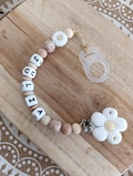 Personalized silicone pacifier clip FLOWERS - White, beige and Wood - personalized gift for baby - French creations first name - pacifier product logo