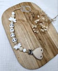 personalized silicone pacifier clip HEART lotus FLOWERS - beige white - personalized gift for baby - French creations first name product logo