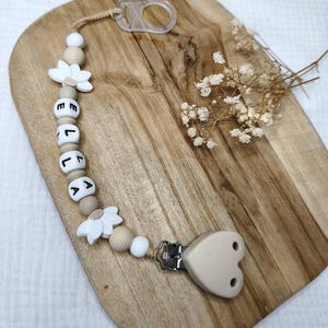 personalized silicone pacifier clip HEART lotus FLOWERS - beige white - personalized gift for baby - French creations first name