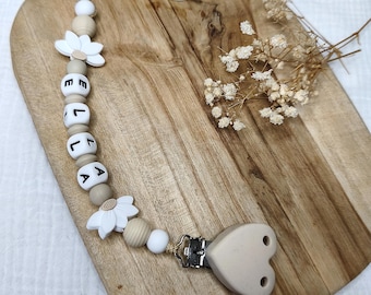 Clip per ciuccio in silicone personalizzata con design a cuore e fiore di loto - beige e bianco - regalo personalizzato per neonati - creazioni francesi con nome