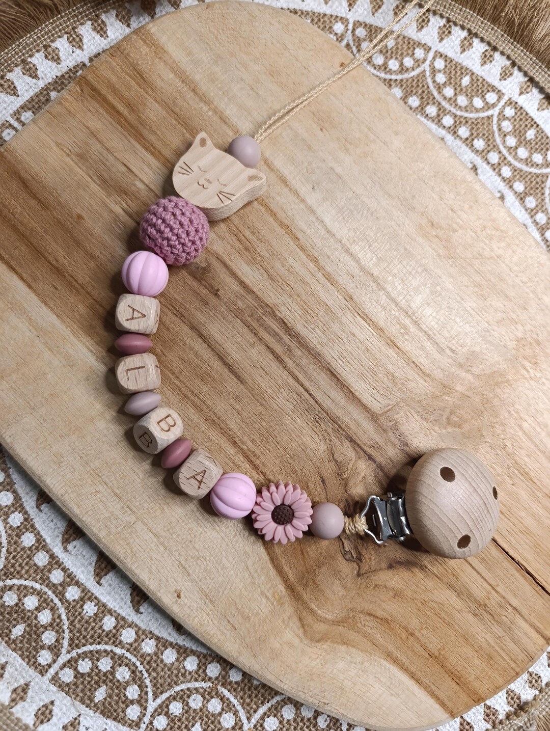 Personalized Silicone Pacifier Clip CAT Pink Natural Wood Personalized ...