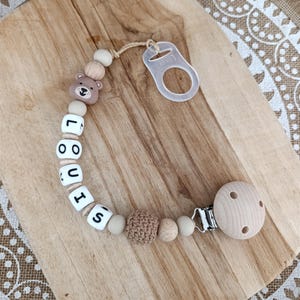 personalized silicone pacifier clip BEAR - Light brown, wood and beige - personalized gift for baby - pacifier clip with first name