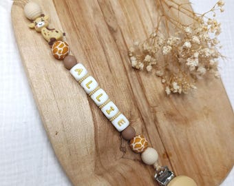Pinza para chupete de jirafa con letras doradas - Pinza para chupete de jirafa personalizable - Portachupetes de silicona para niñas y niños - Animales
