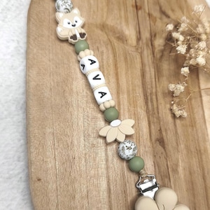 personalized silicone pacifier clip FOX - Beige and linen green - personalized baby gift - French pacifier clip with baby name