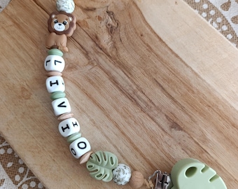 personalized silicone and wood pacifier clip, lion - linen green - dino pacifier clip - personalized baby gift - first name pacifier clip