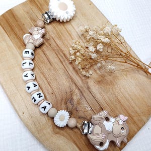 Miss bunny personalized silicone comforter clip - beige white wood - personalized baby gift - French creations first name