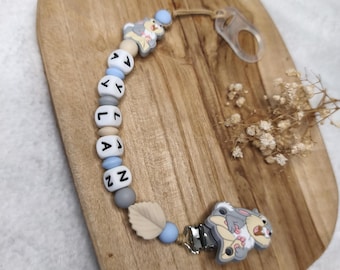 Personalized silicone pacifier clip PANPAN rabbit - Light blue light gray beige - personalized baby gift - personalized gift
