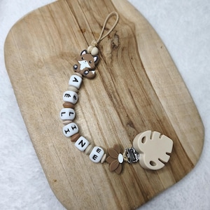 personalized silicone pacifier clip FOX - beige and brown - personalized baby gift - French pacifier clip with baby name