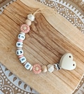 Personalized pacifier clip 100% silicone HEART FLOWERS - Peach pink beige taupe - Personalized baby gift - First name pacifier clip product logo