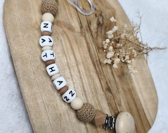 Pinza para chupete de silicona personalizada - Beige y marrón claro - regalo bebé personalizado - pinza para chupete personalizada - nombre