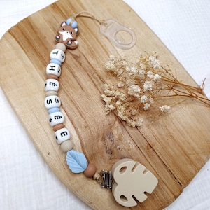 personalized silicone pacifier clip FOX - Light brown blue and beige - personalized baby gift - forest fox pacifier clip