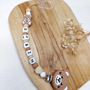 パーソナライズされたおしゃぶりクリップシリコンクマブラウンとナチュラルベージュ - パーソナライズされたベビーギフト - フォレストシリコンおしゃぶりクリップ