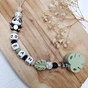personalized silicone pacifier clip Panda - green linen black and beige - personalized gift for baby - panda pacifier clip creations