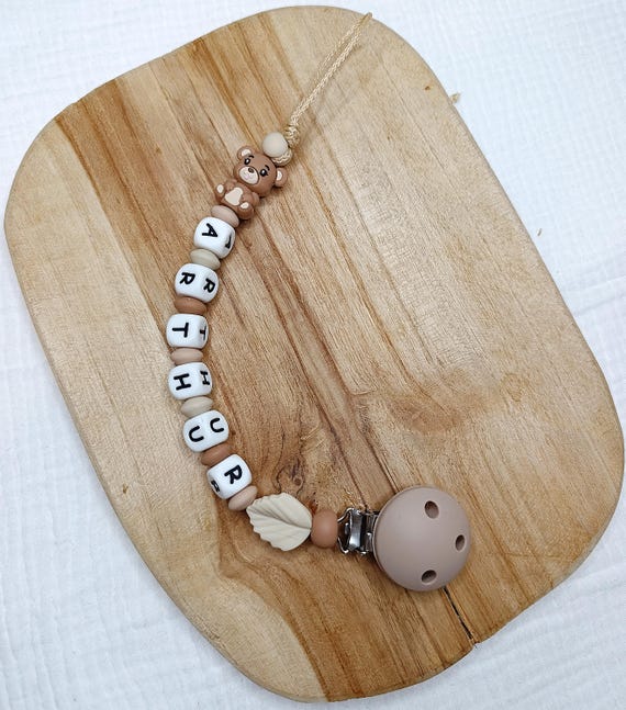 Personalized Silicone Pacifier Clip BEAR Light Brown, Wood and