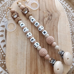 personalized silicone pacifier clip LION - Light brown beige wood - personalized gift for baby - French creations first name