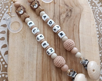 personalized silicone pacifier clip LION - Light brown beige wood - boy pacifier clip - girl pacifier clip brown