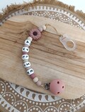 personalized silicone pacifier clip FLOWERS - Old pink, pink and beige - personalized gift for baby - pacifier clip with first name