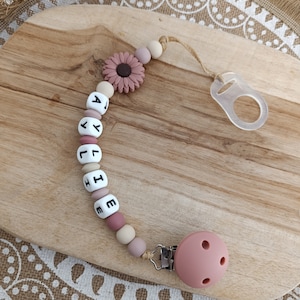 personalized silicone pacifier clip FLOWER daisy - Old pink, pink and beige - personalized baby gift - pacifier clip with first name