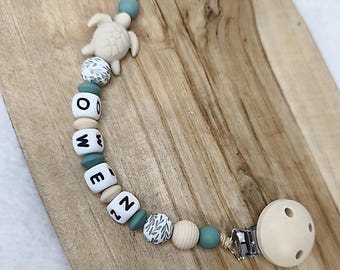 Clip per ciuccio in silicone personalizzata TURTLE - beige e verde eucalipto - Clip per ciuccio per bambina e bambino tartaruga marina