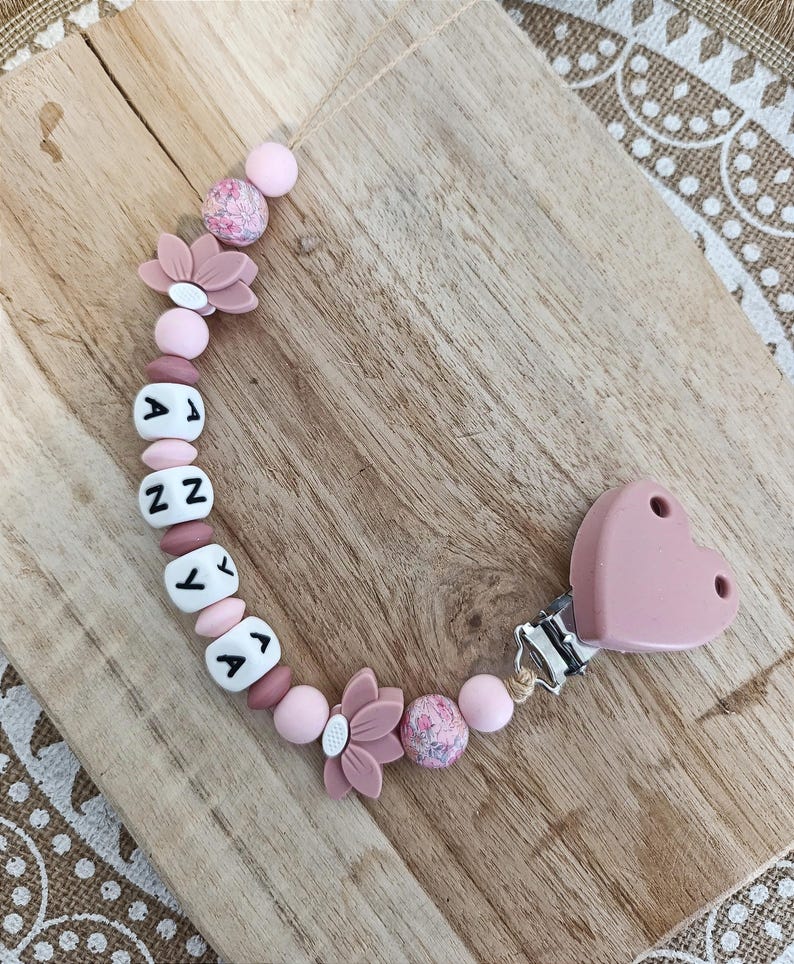 Personalized Silicone Pacifier Clip Lotus FLOWERS Old Pink Pale Pink