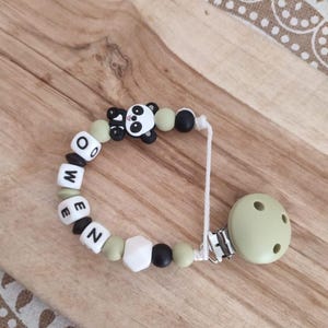 personalized silicone pacifier clip Panda - linen green and black - personalized baby gift - panda pacifier clip creations