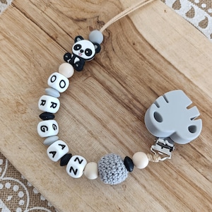 personalized silicone pacifier clip Panda - green linen khaki and beige - personalized gift for baby - panda pacifier clip creations