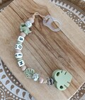 personalized silicone pacifier clip DINOSAURE - linen green - dino pacifier clip - personalized baby gift - first name pacifier clip
