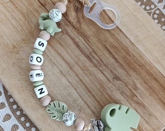Silicone Pacifier Clip for Boys - Personalized Dinosaur Pacifier Clip in Linen Green and Beige