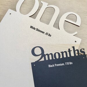 K&ouml;nnte beinhalten: Zwei Holzschildchen mit den ausgeschnittenen W&ouml;rtern "one" und "9 months". Das Schildchen "one" ist aus wei&szlig;em Schimmerkarton und das Schildchen "9 months" aus schwarzem Premiumkarton.