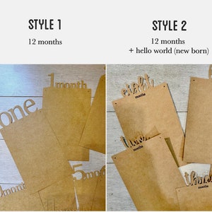 May include: Two styles of brown cardstock monthly milestone banners for a baby's first year. Style 1 has the numbers 1-10 and the word 'month' on each card. Style 2 has the numbers 1, 3, 5, 7, 8, 10, and 12 with the word 'month' on each card. The text 'hello world (new born)' is also included.