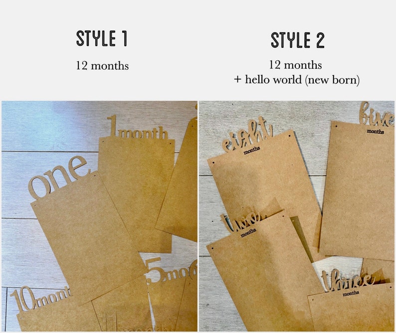May include: Two styles of brown cardstock monthly milestone banners for a baby's first year. Style 1 has the numbers 1-10 and the word 'month' on each card. Style 2 has the numbers 1, 3, 5, 7, 8, 10, and 12 with the word 'month' on each card. The text 'hello world (new born)' is also included.